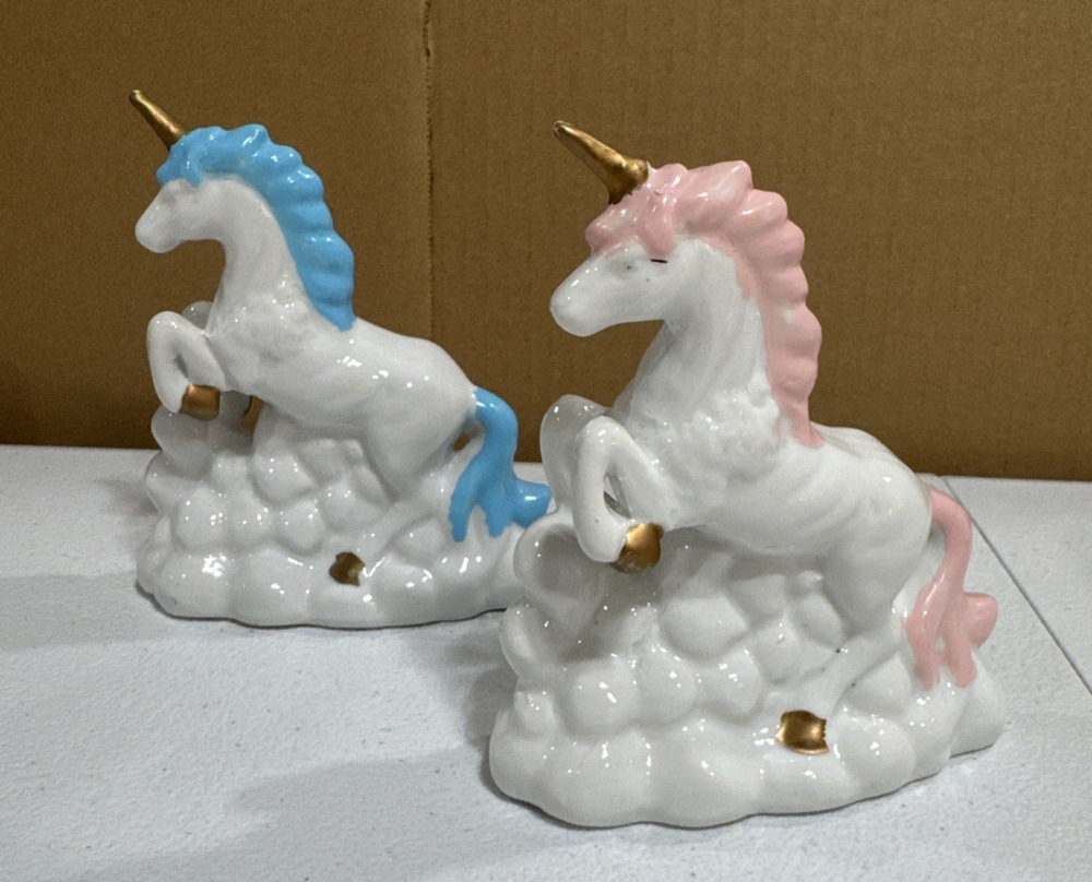 VTG Ceramic Unicorn Figurines Glossy White Pink Blue & Gold Lot of 2 Whimsical